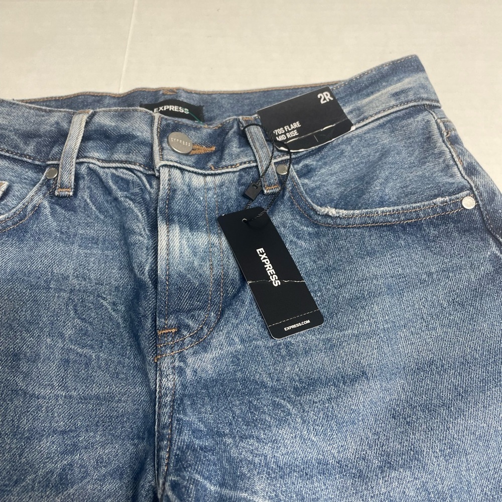 Express 70s flare mid-rise denim jeans. Size 2R. Distressed hem. NWT. MSRP $88. - Picture 2 of 15